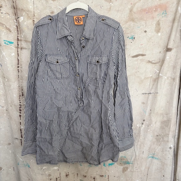 Tory Burch Striped Cotton Button Up Top - Picture 1 of 5